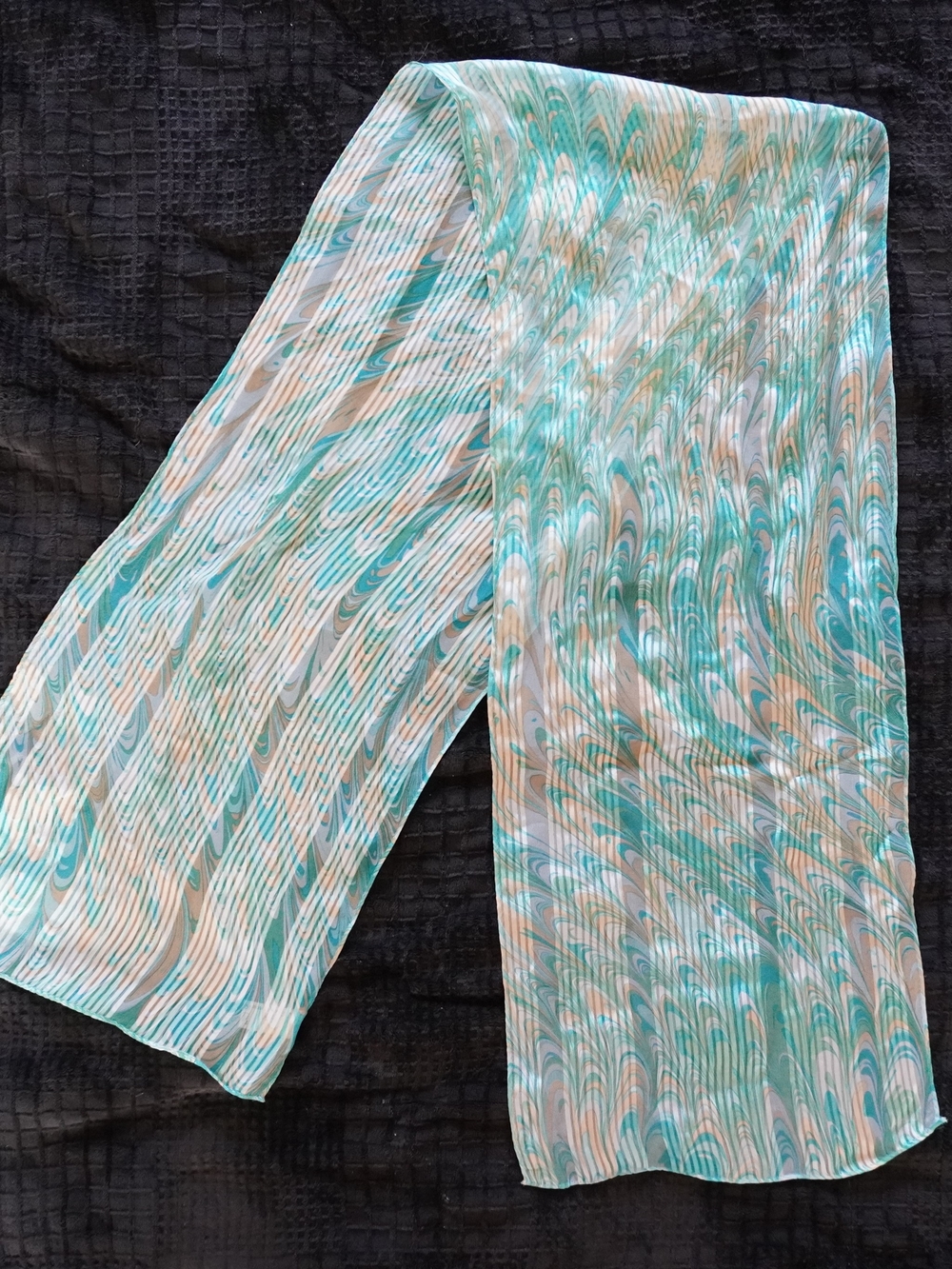 Vintage Vera Neumann 100% Silk Scarf Teal Turquoise Marble Print Made in Japan